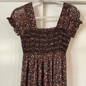 Long, black flora dress. Never worn. Great for fall and as a maternity dress!